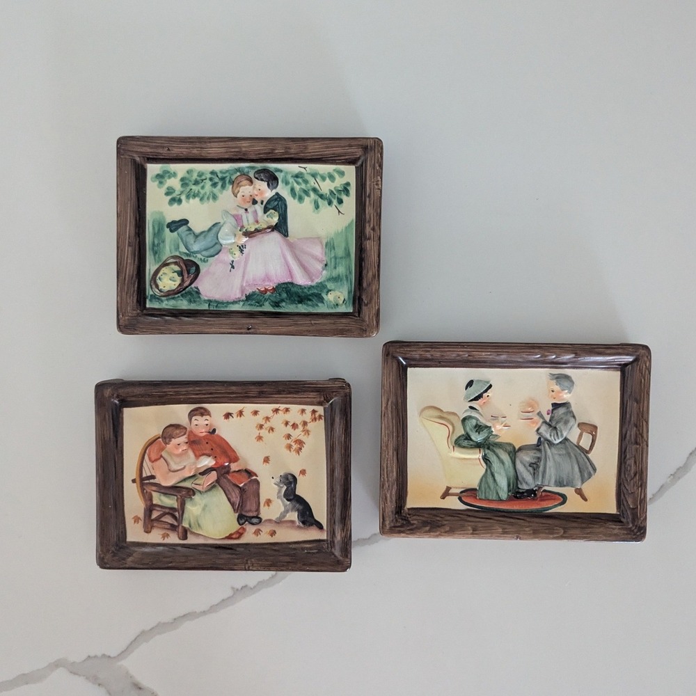 Vtg MCM Napco Four Seasons of Love Ceramic Wall Plaques Set of 3 Missing Summer